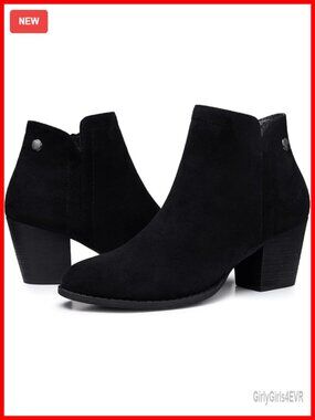 Women's Ankle Boots: Chunky Low Heeled Almond Toe Booties with Zipper, Faux